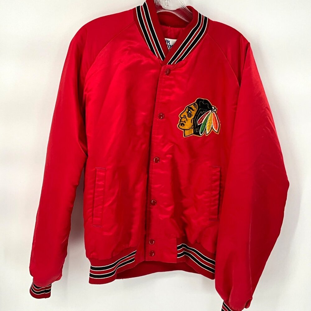 Vintage Chicago Blackhawks Chalk Line XL Red Satin Bomber Jacket Made In‎ USA